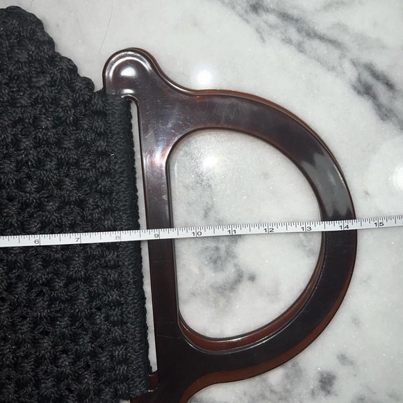 Vintage Macrame Black Lined Knotted Handbag w Plastic Tortoise Shell Handles - Picture 3 of 9